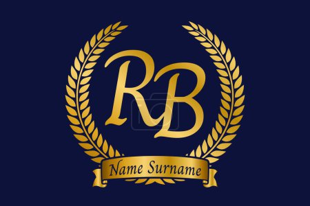 Initial letter R and B, RB monogram logo design with laurel wreath. Luxury golden emblem with calligraphy font.