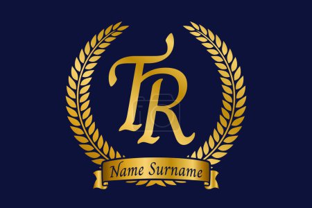 Initial letter T and R, TR monogram logo design with laurel wreath. Luxury golden emblem with calligraphy font.