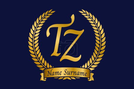 Initial letter T and Z, TZ monogram logo design with laurel wreath. Luxury golden emblem with calligraphy font.