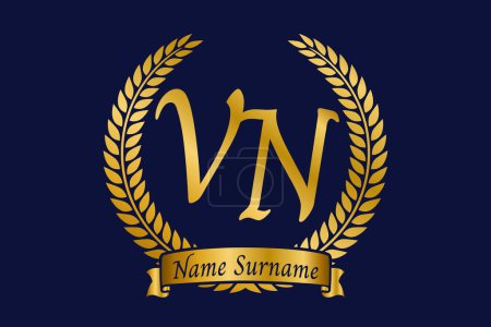 Initial letter V and N, VN monogram logo design with laurel wreath. Luxury golden emblem with calligraphy font.