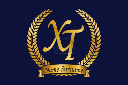 Initial letter X and T, XT monogram logo design with laurel wreath. Luxury golden emblem with calligraphy font.