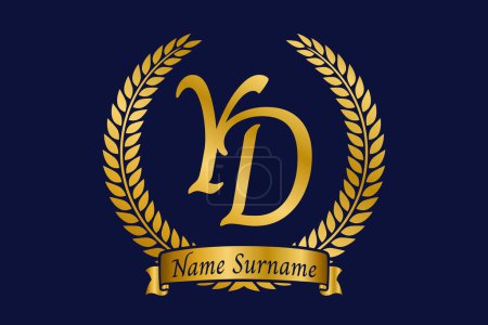 Initial letter Y and D, YD monogram logo design with laurel wreath. Luxury golden emblem with calligraphy font.