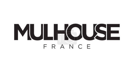 Mulhouse en el emblema de Francia para imprimir y web. El diseño presenta un estilo geométrico, ilustración vectorial con tipografía en negrita en fuente moderna. Letras de eslogan gráfico aisladas sobre fondo blanco.