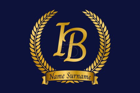 Letra inicial I y B, diseño del logotipo del monograma IB con corona de laurel. Lujo emblema dorado con fuente calligraphy.