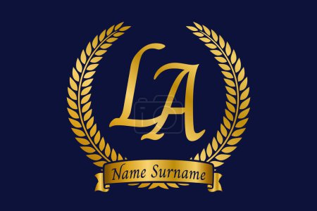 Lettre initiale L et A, logo monogramme LA avec couronne de laurier. Emblème doré de luxe avec police de calligraphie.