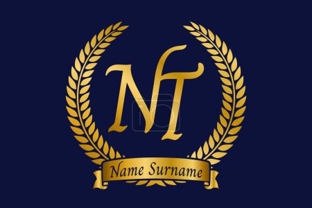 Lettre initiale N et T, logo monogramme NT avec couronne de laurier. Emblème doré de luxe avec police de calligraphie.