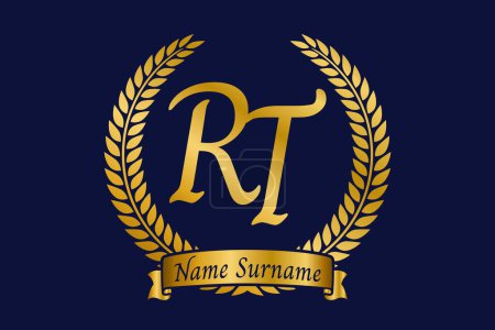 Initial letter R and T, RT monogram logo design with laurel wreath. Luxury golden emblem with calligraphy font.