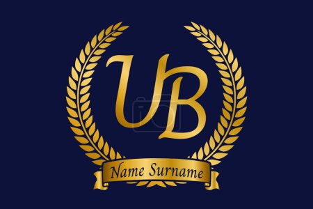 Letra inicial U y B, diseño del logotipo del monograma UB con corona de laurel. Lujo emblema dorado con fuente calligraphy.