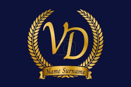 Anfangsbuchstaben V und D, VD Monogramm Logo-Design mit Lorbeerkranz. Luxuriöses goldenes Emblem mit Kalligrafie-Schrift.