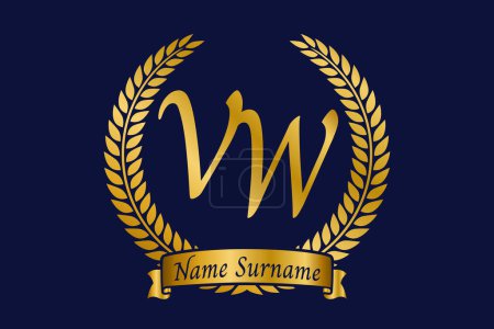 Initial letter V and W, VW monogram logo design with laurel wreath. Luxury golden emblem with calligraphy font.