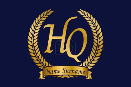 Initial letter H and Q, HQ monogram logo design with laurel wreath. Luxury golden emblem with calligraphy font.