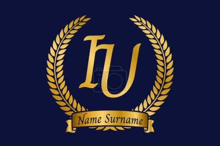 Lettre initiale I et U, logo monogramme IU avec couronne de laurier. Emblème doré de luxe avec police de calligraphie.