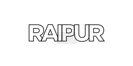 Raipur en el emblema de la India para imprimir y web. El diseño presenta un estilo geométrico, ilustración vectorial con tipografía en negrita en fuente moderna. Letras de eslogan gráfico aisladas sobre fondo blanco.