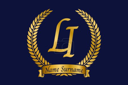 Initial letter L and I, LI monogram logo design with laurel wreath. Luxury golden emblem with calligraphy font.