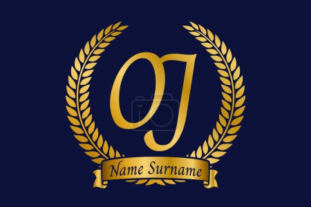 Lettre initiale O et J, logo monogramme JO avec couronne de laurier. Emblème doré de luxe avec police de calligraphie.