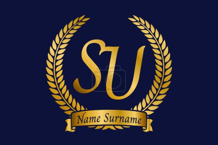 Anfangsbuchstaben S und U, SU-Monogramm-Logo-Design mit Lorbeerkranz. Luxuriöses goldenes Emblem mit Kalligrafie-Schrift.