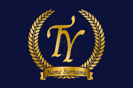 Initial letter T and Y, TY monogram logo design with laurel wreath. Luxury golden emblem with calligraphy font.