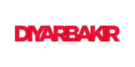 Diyarbakir en el emblema de Turquía para imprimir y web. El diseño presenta un estilo geométrico, ilustración vectorial con tipografía en negrita en fuente moderna. Letras de eslogan gráfico aisladas sobre fondo blanco.