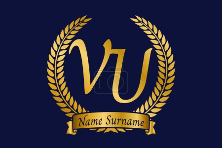 Initial letter V and U, VU monogram logo design with laurel wreath. Luxury golden emblem with calligraphy font.
