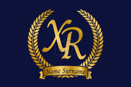 Initial letter X and R, XR monogram logo design with laurel wreath. Luxury golden emblem with calligraphy font.