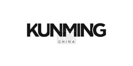 Ilustración de Kunming en el emblema de China para imprimir y web. El diseño presenta un estilo geométrico, ilustración vectorial con tipografía en negrita en fuente moderna. Letras de eslogan gráfico aisladas sobre fondo blanco. - Imagen libre de derechos