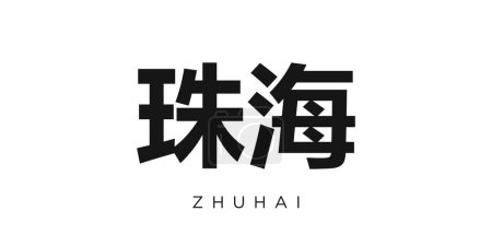 Zhuhai en el emblema de China para imprimir y web. El diseño presenta un estilo geométrico, ilustración vectorial con tipografía en negrita en fuente moderna. Letras de eslogan gráfico aisladas sobre fondo blanco.