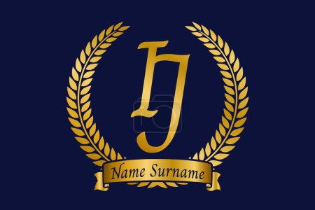 Letra inicial I y J, diseño del logotipo del monograma de IJ con corona de laurel. Lujo emblema dorado con fuente calligraphy.