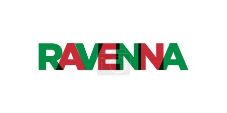 Ravenne dans l'emblème Italia pour l'impression et le web. Design dispose d'un style géométrique, illustration vectorielle avec typographie en gras dans la police moderne. Lettrage slogan graphique isolé sur fond blanc.