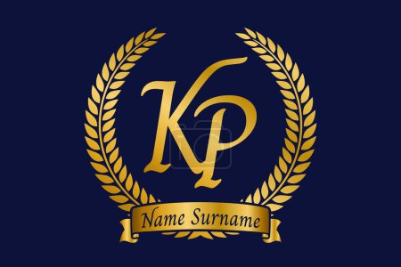 Letra inicial K y P, diseño del logotipo del monograma KP con corona de laurel. Lujo emblema dorado con fuente calligraphy.