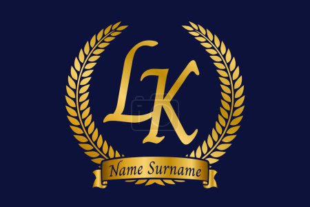 Letra inicial L y K, diseño del logotipo del monograma LK con corona de laurel. Lujo emblema dorado con fuente calligraphy.