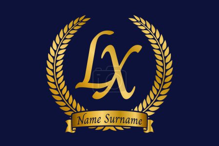 Initial letter L and X, LX monogram logo design with laurel wreath. Luxury golden emblem with calligraphy font.