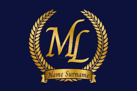 Initial letter M and L, ML monogram logo design with laurel wreath. Luxury golden emblem with calligraphy font.