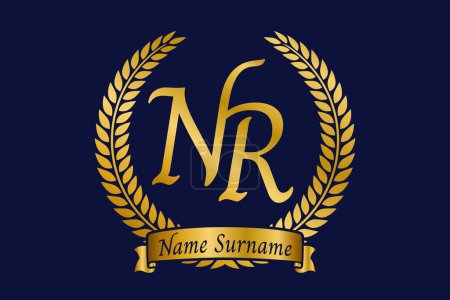 Anfangsbuchstaben N und R, Namenszug NR mit Lorbeerkranz. Luxuriöses goldenes Emblem mit Kalligrafie-Schrift.