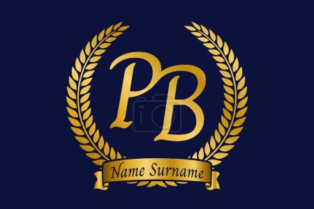 Initial letter P and B, PB monogram logo design with laurel wreath. Luxury golden emblem with calligraphy font.