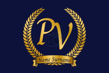 Initial letter P and V, PV monogram logo design with laurel wreath. Luxury golden emblem with calligraphy font.