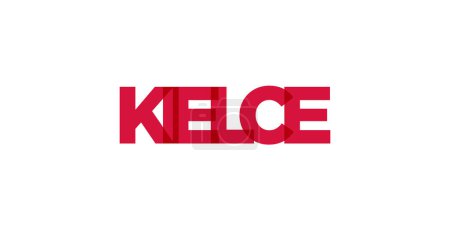 Kielce en el emblema de Polonia para la impresión y la web. El diseño presenta un estilo geométrico, ilustración vectorial con tipografía en negrita en fuente moderna. Letras de eslogan gráfico aisladas sobre fondo blanco.