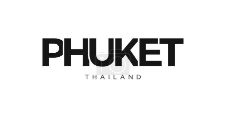 Ilustración de Phuket en el emblema de Tailandia para imprimir y web. El diseño presenta un estilo geométrico, ilustración vectorial con tipografía en negrita en fuente moderna. Letras de eslogan gráfico aisladas sobre fondo blanco. - Imagen libre de derechos