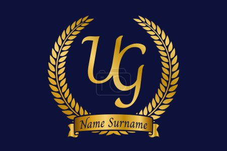 Letra inicial U y G, diseño del logotipo del monograma UG con corona de laurel. Lujo emblema dorado con fuente calligraphy.