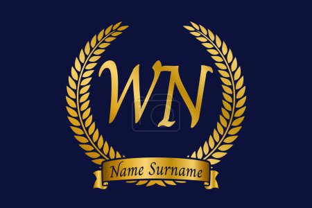 Lettre initiale W et N, logo monogramme WN avec couronne de laurier. Emblème doré de luxe avec police de calligraphie.