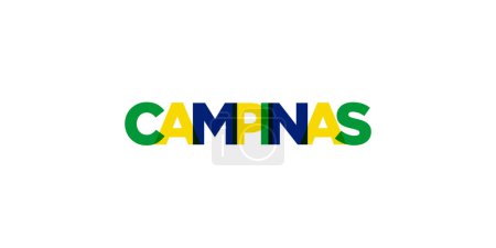 Campinas en el emblema de Brasil para impresión y web. El diseño presenta un estilo geométrico, ilustración vectorial con tipografía en negrita en fuente moderna. Letras de eslogan gráfico aisladas sobre fondo blanco.
