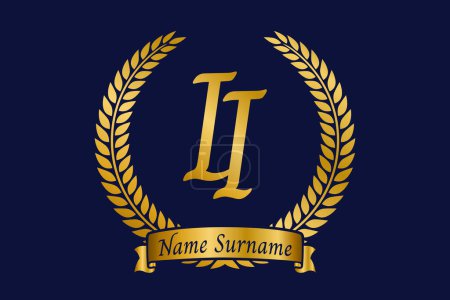 Initial letter I and I, II monogram logo design with laurel wreath. Luxury golden emblem with calligraphy font.
