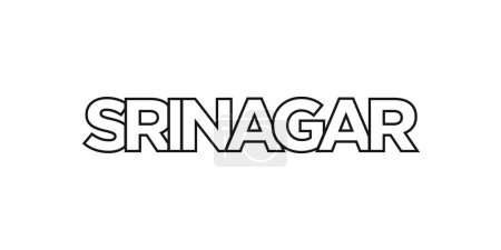 Srinagar im indischen Emblem für Print und Web. Design mit geometrischem Stil, Vektorillustration mit kühner Typografie in moderner Schrift. Grafischer Slogan Schriftzug isoliert auf weißem Hintergrund.