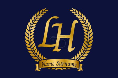 Initial letter L and H, LH monogram logo design with laurel wreath. Luxury golden emblem with calligraphy font.