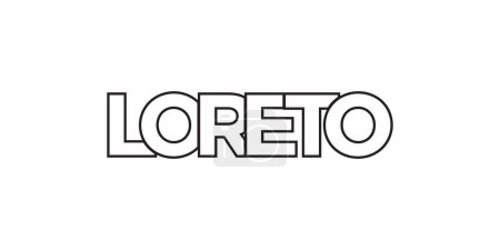 Loreto en el emblema de México para impresión y web. El diseño presenta un estilo geométrico, ilustración vectorial con tipografía en negrita en fuente moderna. Letras de eslogan gráfico aisladas sobre fondo blanco.