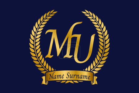 Initial letter M and U, MU monogram logo design with laurel wreath. Luxury golden emblem with calligraphy font.