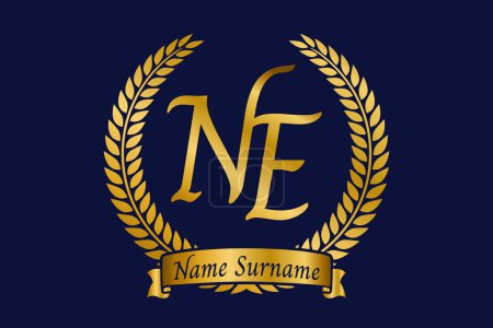 Initial letter N and E, NE monogram logo design with laurel wreath. Luxury golden emblem with calligraphy font.