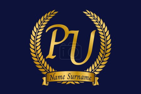 Letra inicial P y U, diseño del logotipo del monograma de PU con corona de laurel. Lujo emblema dorado con fuente calligraphy.