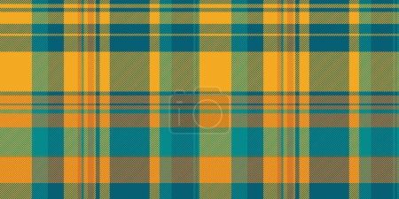 Drapery textile plaid pattern, girly tartan check fabric. Cool texture background vector seamless in cyan and amber color.