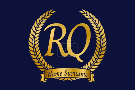 Lettre initiale R et Q, logo monogramme RQ avec couronne de laurier. Emblème doré de luxe avec police de calligraphie.