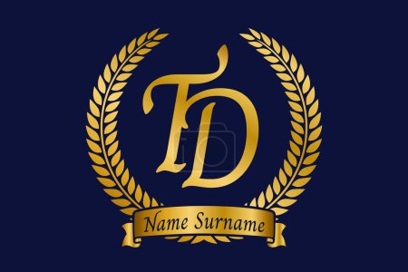 Anfangsbuchstaben T und D, TD Monogramm Logo-Design mit Lorbeerkranz. Luxuriöses goldenes Emblem mit Kalligrafie-Schrift.